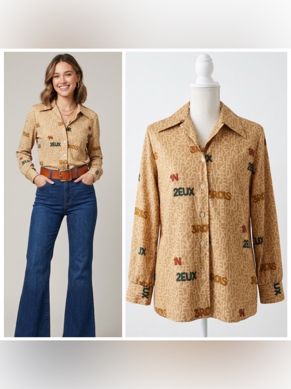 Vintage 70s Lady Devon French Numeral Print Blouse Dagger Collar Mod Retro Sz L
